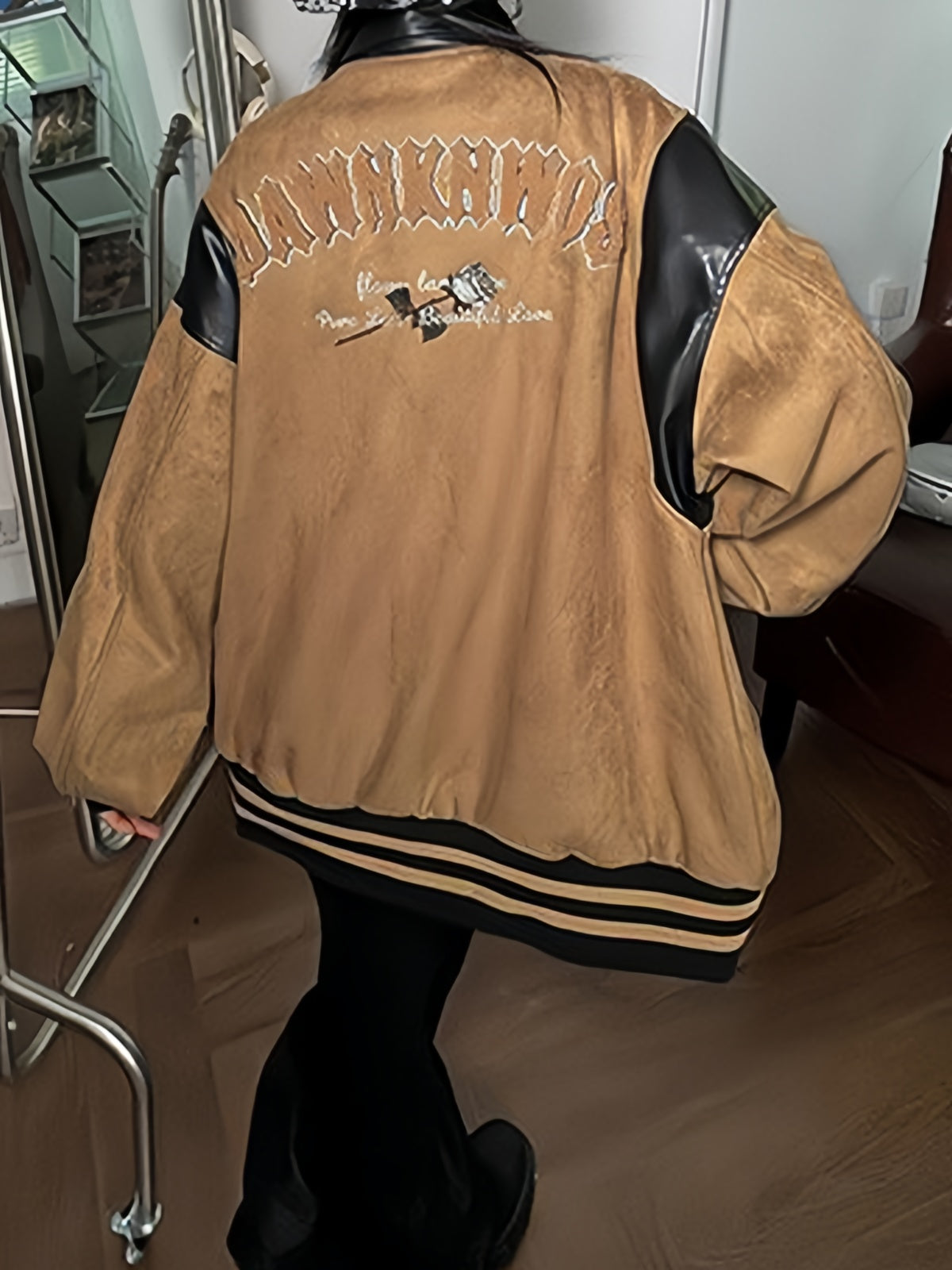 Vintage Brown Velour Leather Jacket with Embroidery