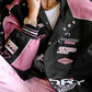 Vintage Black Pink Raglan Moto Jacke mit Gedrucktem Slogan