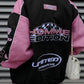Vintage Black Pink Raglan Moto Jacke mit Gedrucktem Slogan