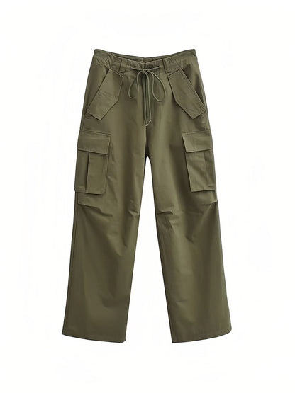 Pantalones cargo estilo hip hop con múltiples bolsillos y cordón