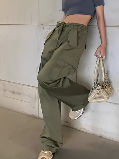 Pantalones cargo estilo hip hop con múltiples bolsillos y cordón