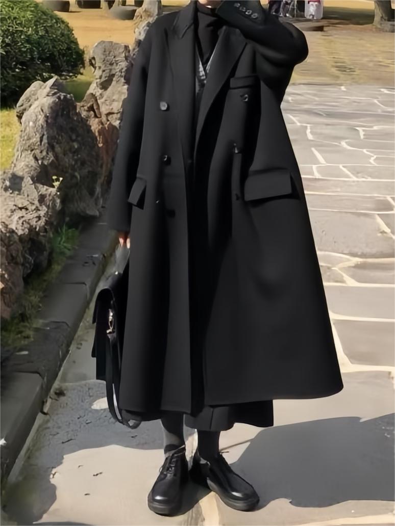 Schwarzer Vintage Zweireihiger Langer Mantel