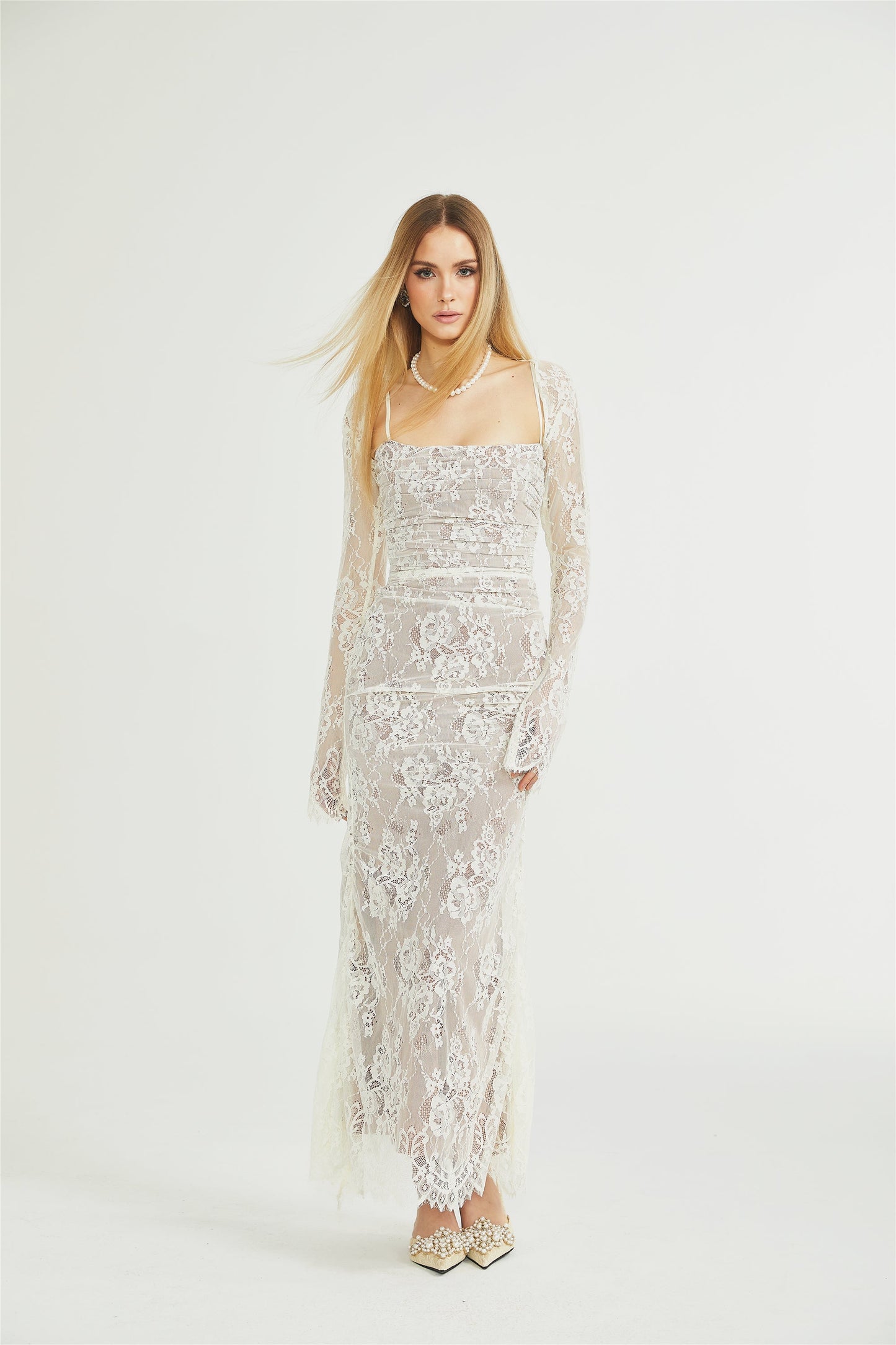 Ivory Lace Maxi Dress with Sheer Sleeves for Women - Giada