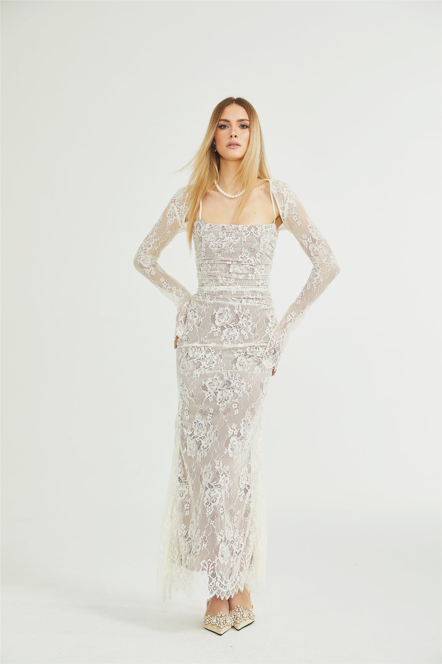 Ivory Lace Maxi Dress with Sheer Sleeves for Women - Giada
