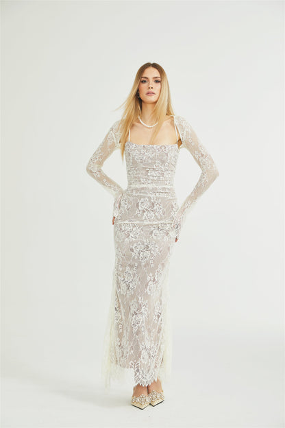 Ivory Lace Maxi Dress with Sheer Sleeves for Women - Giada