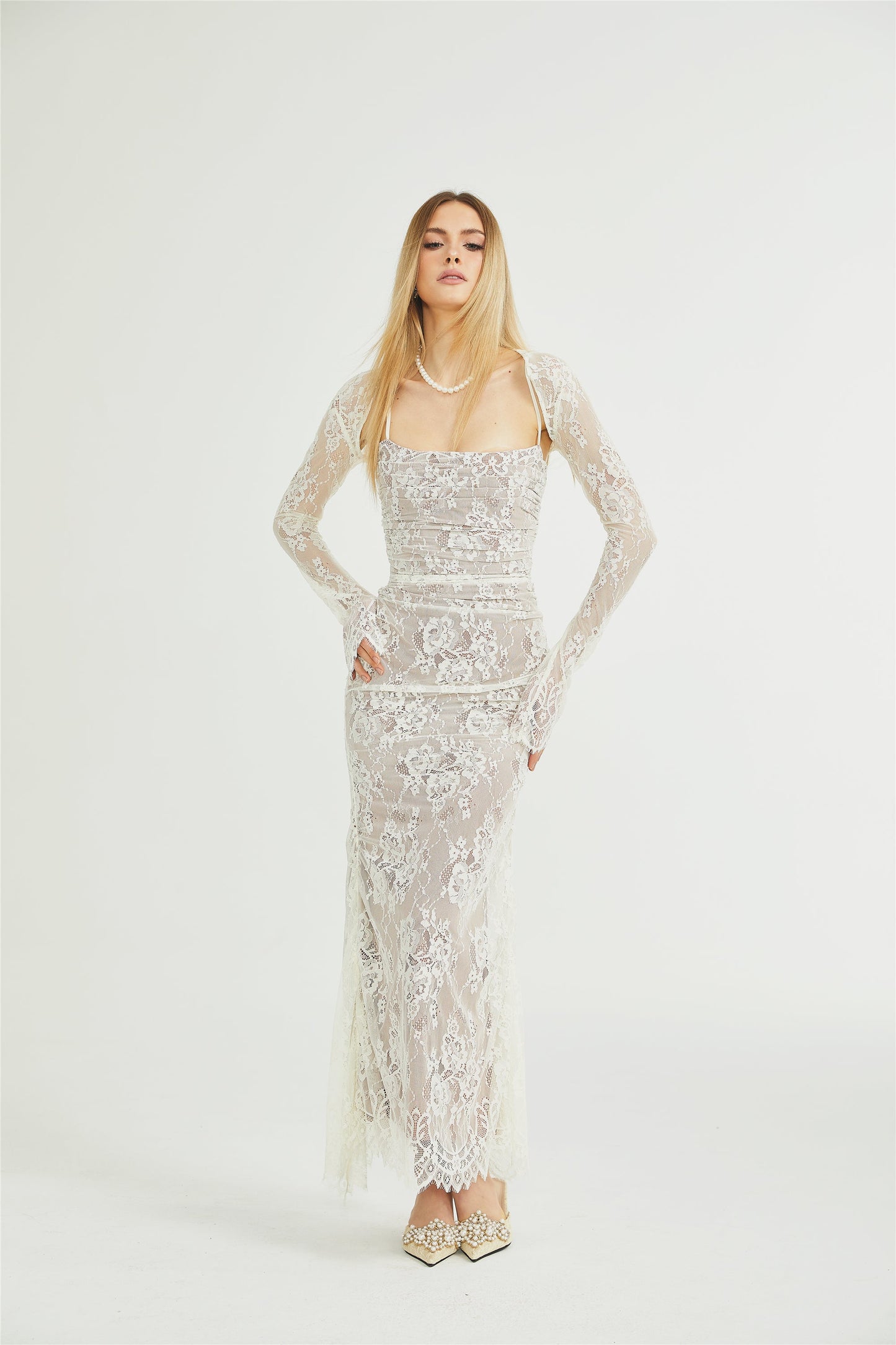 Ivory Lace Maxi Dress with Sheer Sleeves for Women - Giada