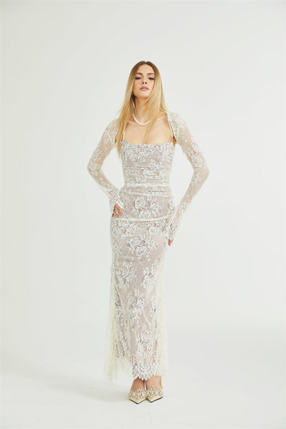 Ivory Lace Maxi Dress with Sheer Sleeves for Women - Giada