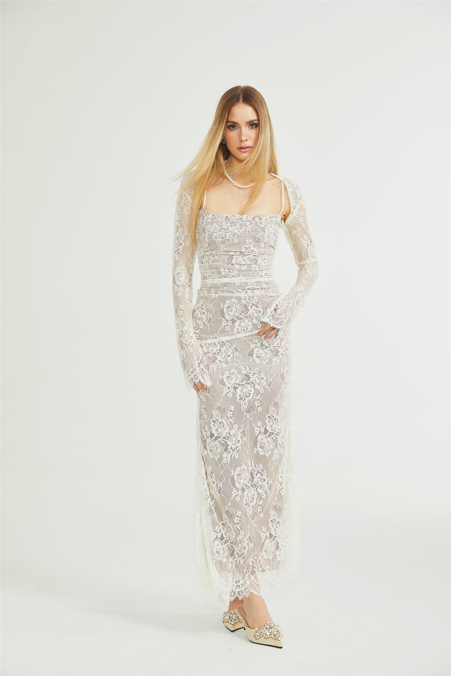 Ivory Lace Maxi Dress with Sheer Sleeves for Women - Giada