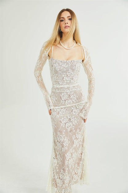 Ivory Lace Maxi Dress with Sheer Sleeves for Women - Giada