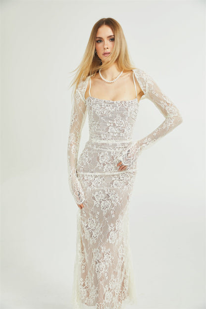 Ivory Lace Maxi Dress with Sheer Sleeves for Women - Giada
