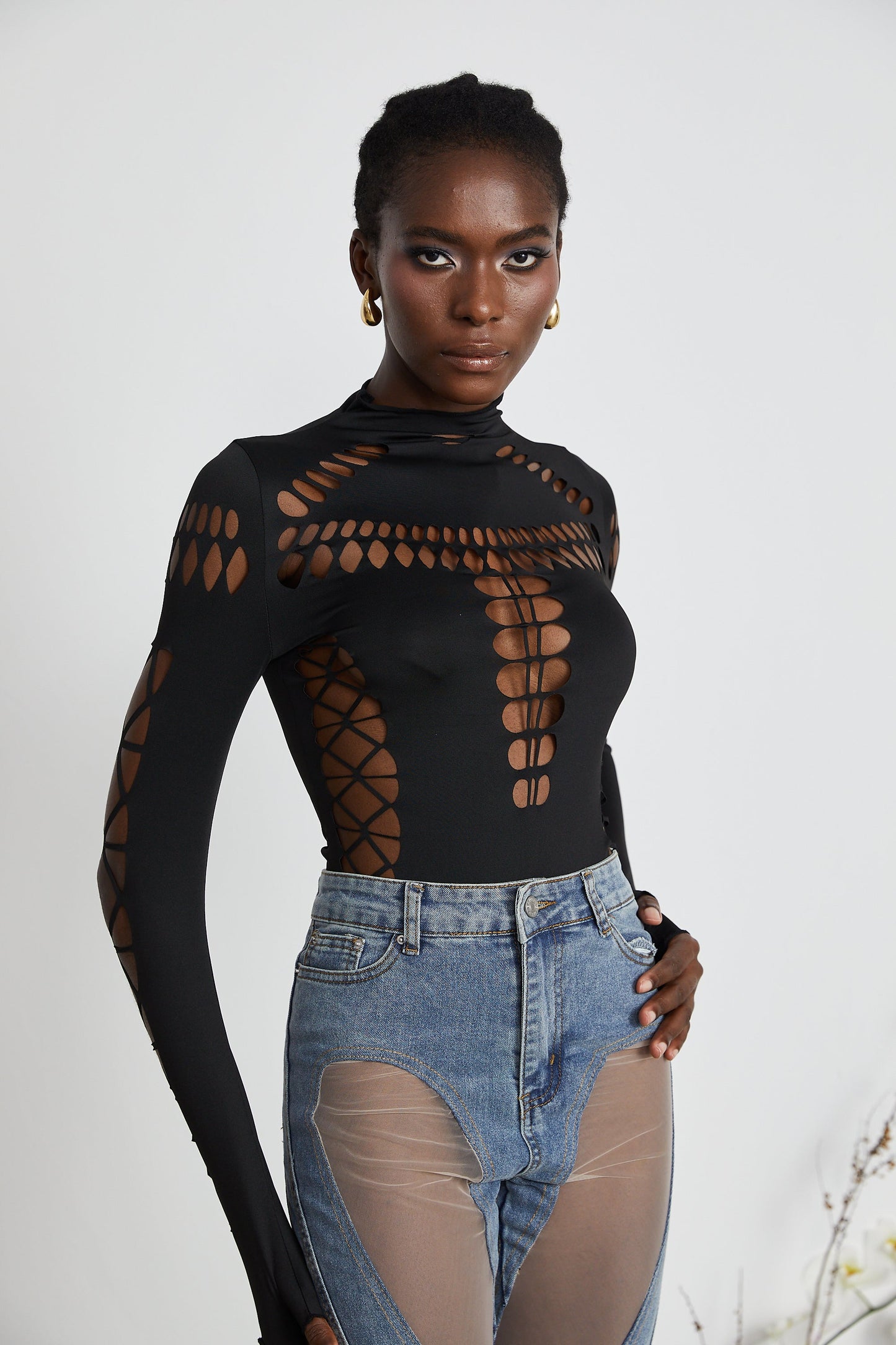 Black Cut-Out Bodysuit with Mesh Detail for Women - Rebecca
