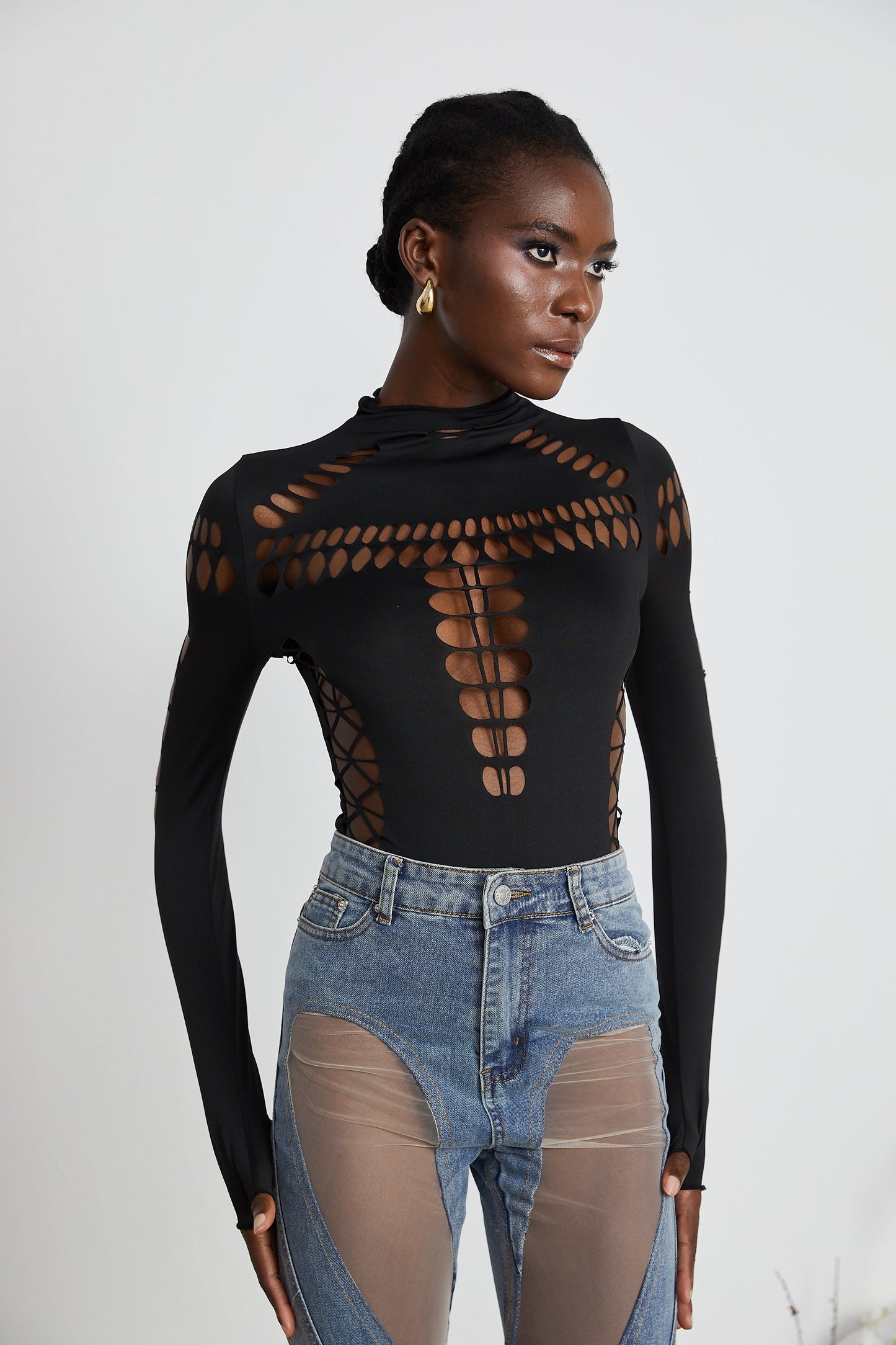 Black Cut-Out Bodysuit with Mesh Detail for Women - Rebecca