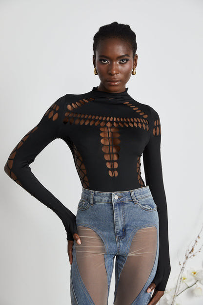 Black Cut-Out Bodysuit with Mesh Detail for Women - Rebecca