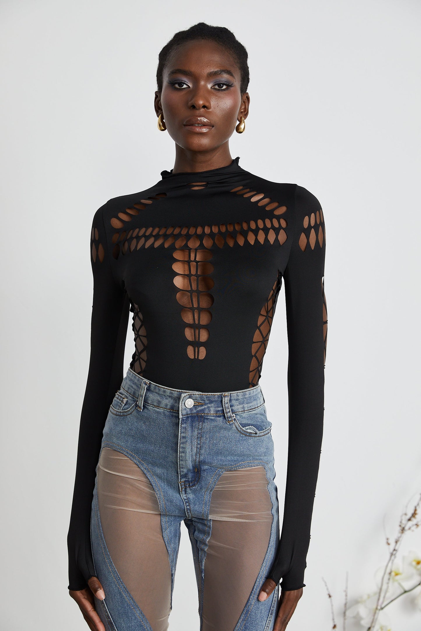 Black Cut-Out Bodysuit with Mesh Detail for Women - Rebecca