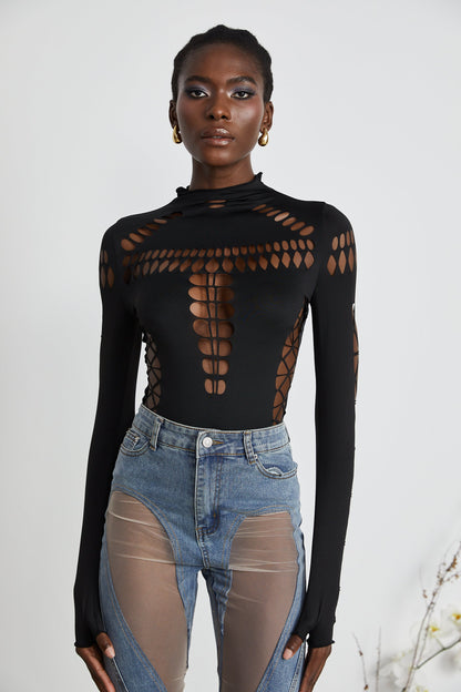 Black Cut-Out Bodysuit with Mesh Detail for Women - Rebecca