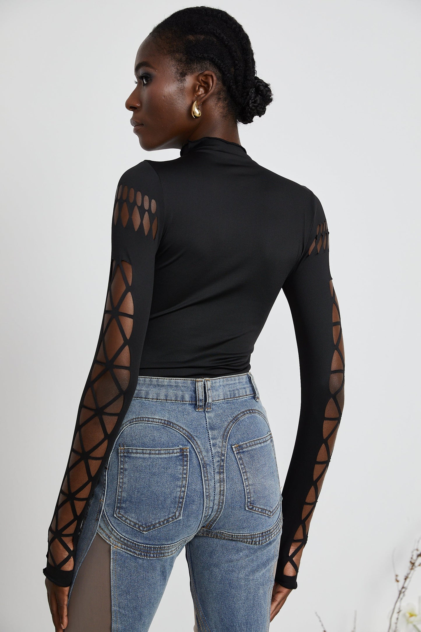 Black Cut-Out Bodysuit with Mesh Detail for Women - Rebecca