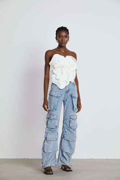 White Strapless Floral Top with 3D Appliqué for Women - Sibilla