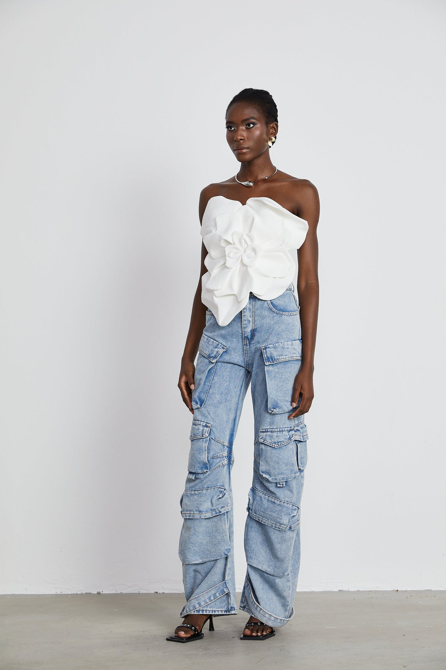 White Strapless Floral Top with 3D Appliqué for Women - Sibilla