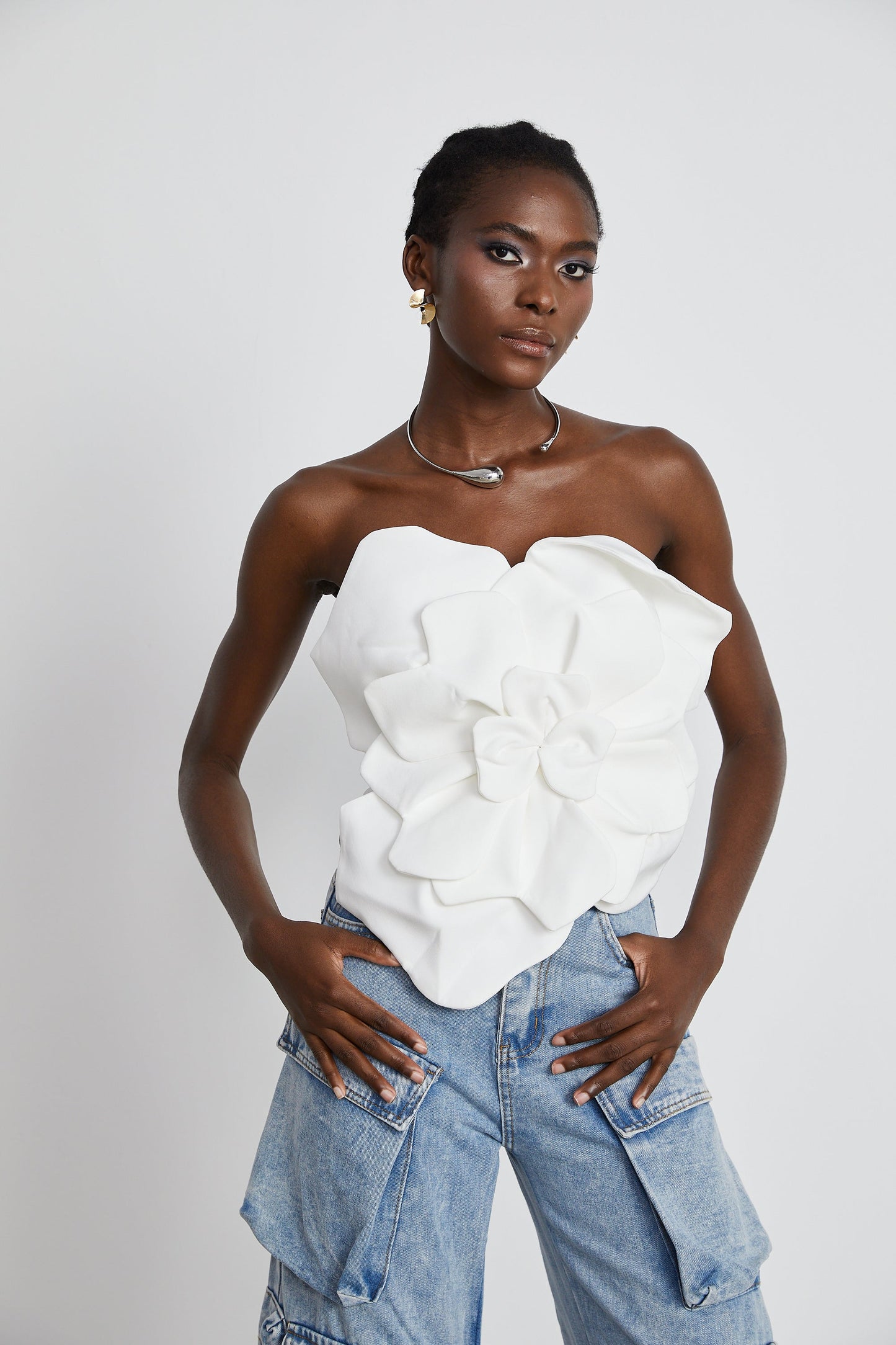 White Strapless Floral Top with 3D Appliqué for Women - Sibilla