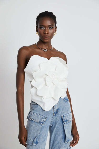 White Strapless Floral Top with 3D Appliqué for Women - Sibilla