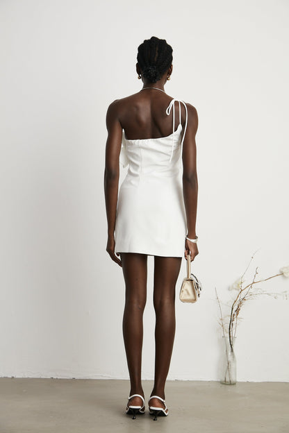 White Floral Appliqué Mini Dress with One Shoulder Strap for Women - Elena