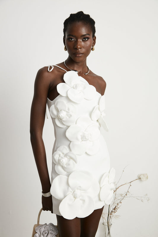 White Floral Appliqué Mini Dress with One Shoulder Strap for Women - Elena