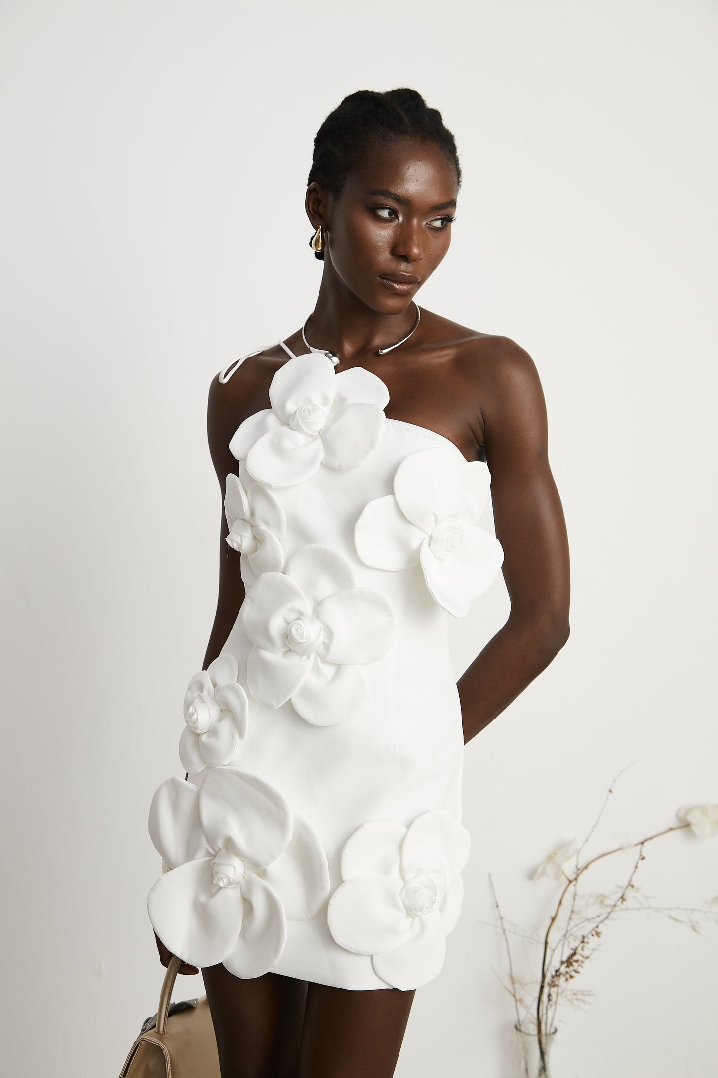 White Floral Appliqué Mini Dress with One Shoulder Strap for Women - Elena