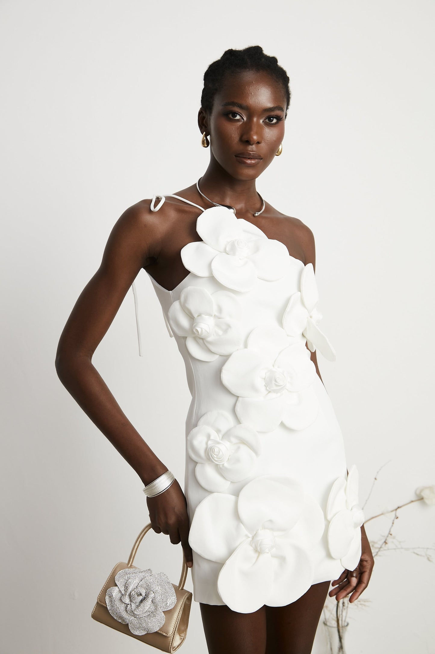 White Floral Appliqué Mini Dress with One Shoulder Strap for Women - Elena