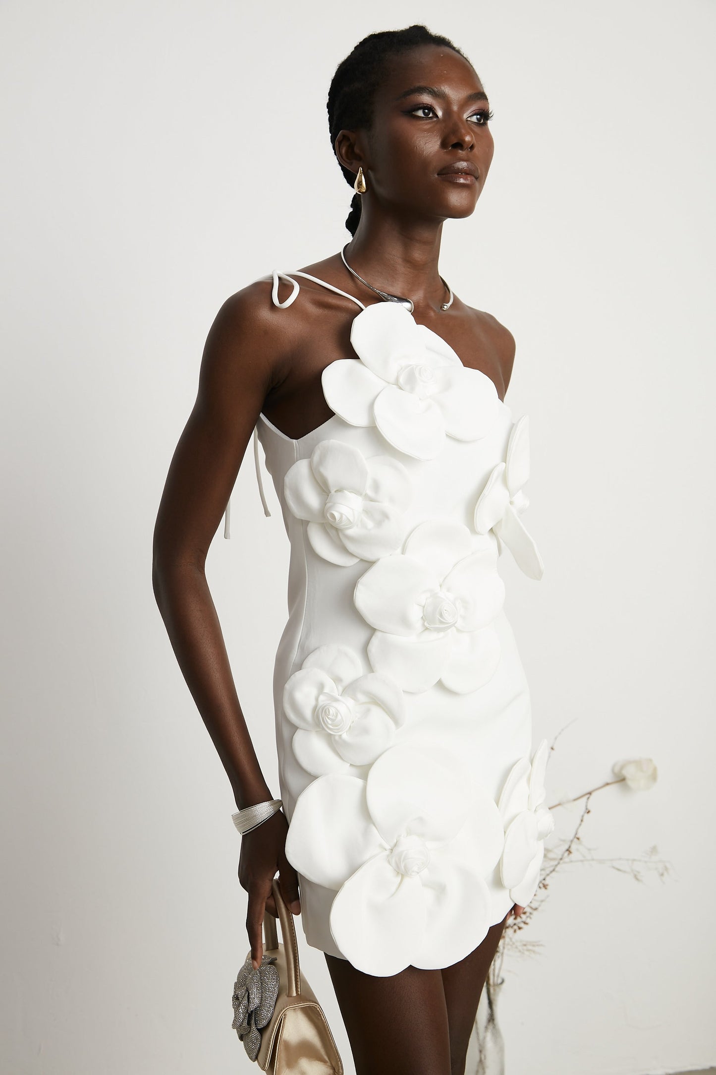 White Floral Appliqué Mini Dress with One Shoulder Strap for Women - Elena