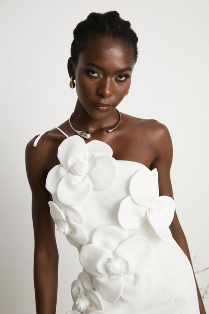 White Floral Appliqué Mini Dress with One Shoulder Strap for Women - Elena