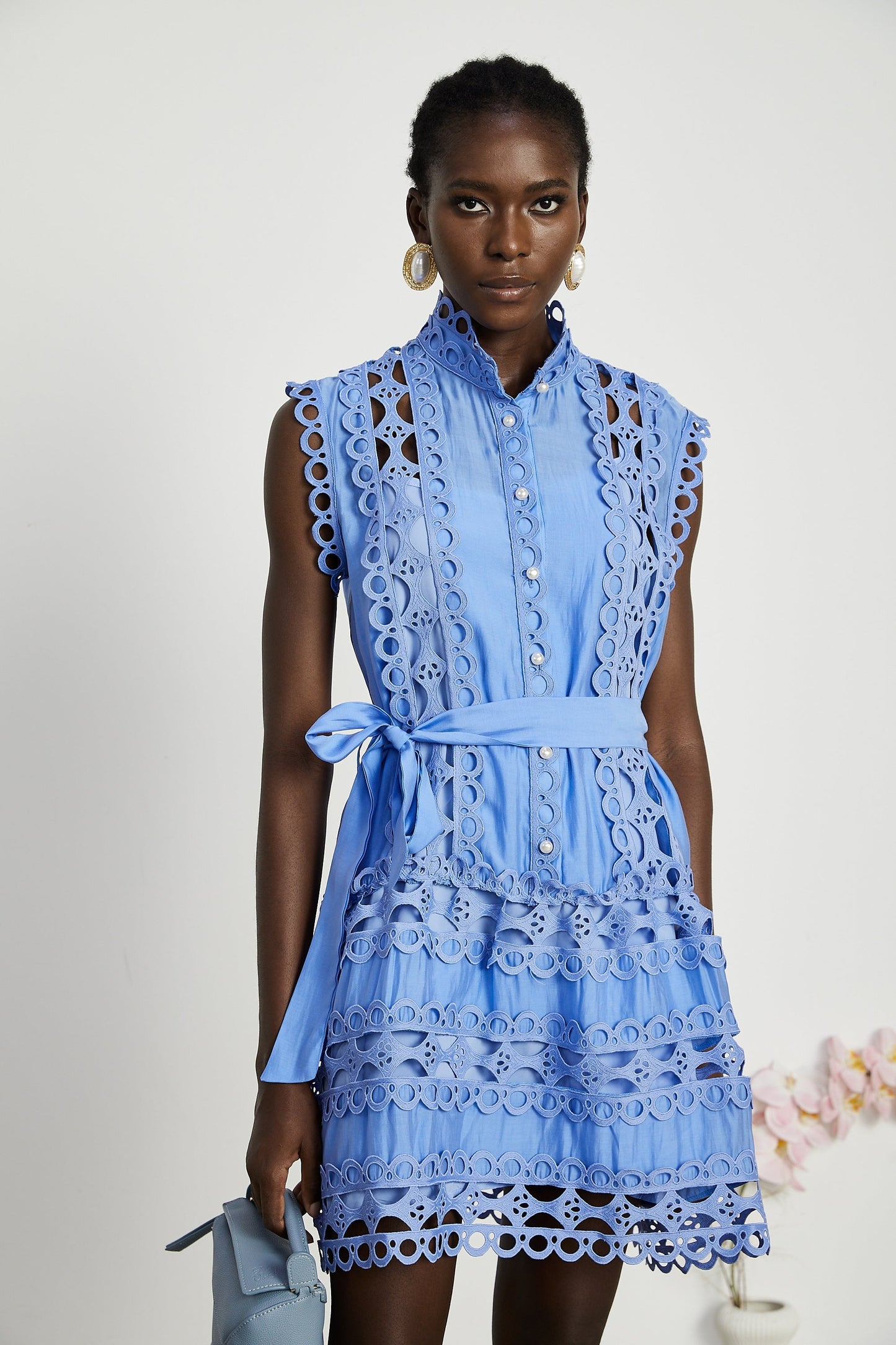 Sky Blue Lace Dress with Tie Belt for Women - Ornella