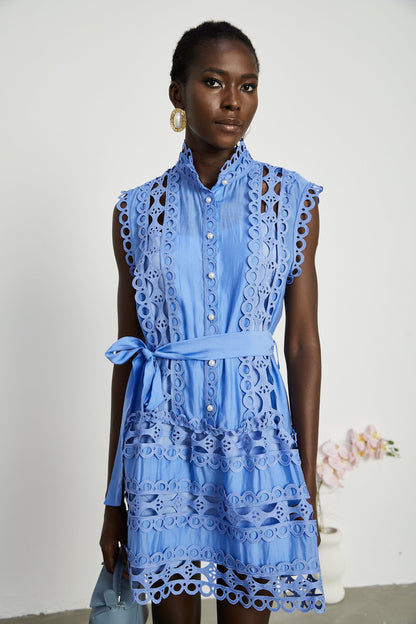 Sky Blue Lace Dress with Tie Belt for Women - Ornella