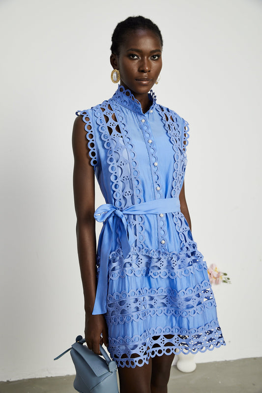 Sky Blue Lace Dress with Tie Belt for Women - Ornella