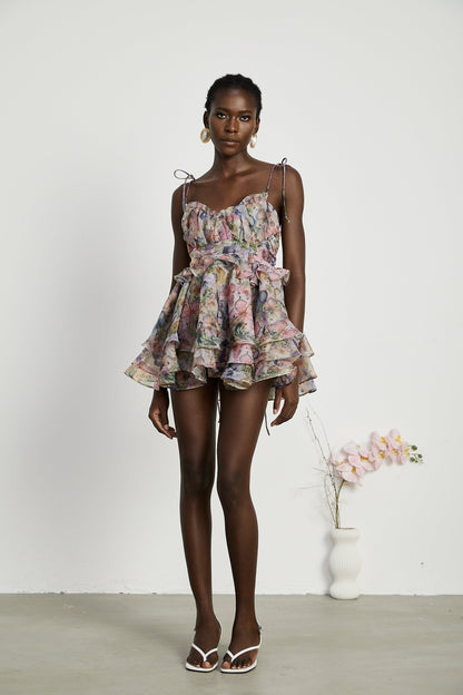 Multicolor Butterfly Print Mini Dress with Ruffle Hem for Women - Diletta