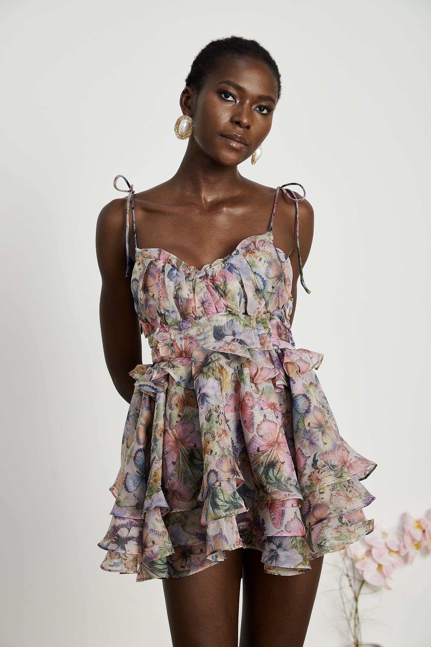 Multicolor Butterfly Print Mini Dress with Ruffle Hem for Women - Diletta