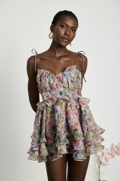 Multicolor Butterfly Print Mini Dress with Ruffle Hem for Women - Diletta