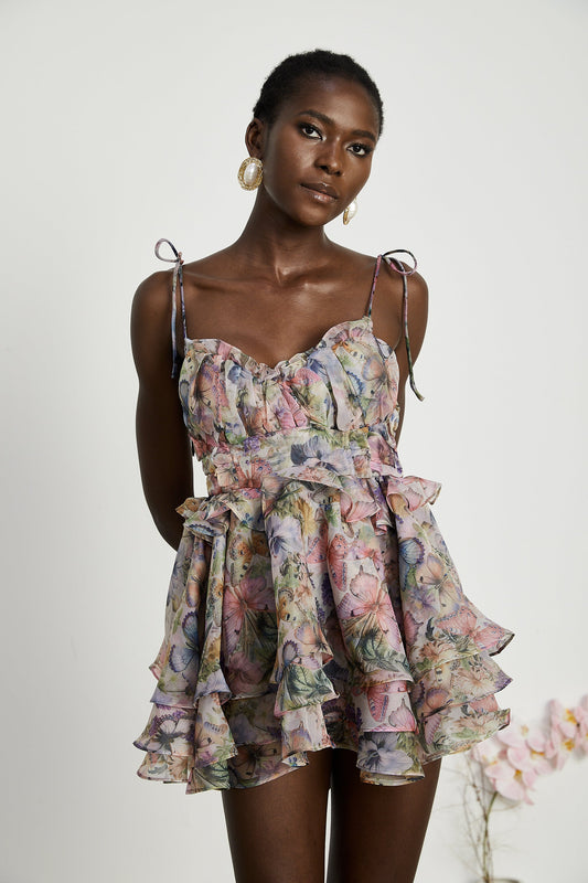 Multicolor Butterfly Print Mini Dress with Ruffle Hem for Women - Diletta