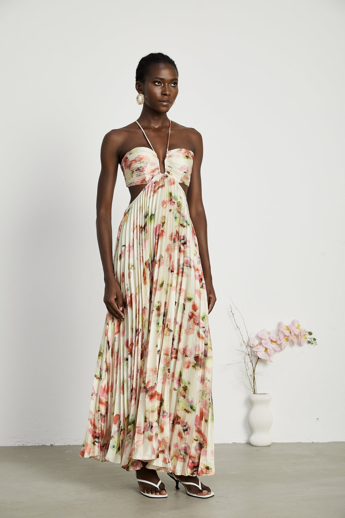 Floral Print Pleated Halter Maxi Dress in Ivory for Women - Marta