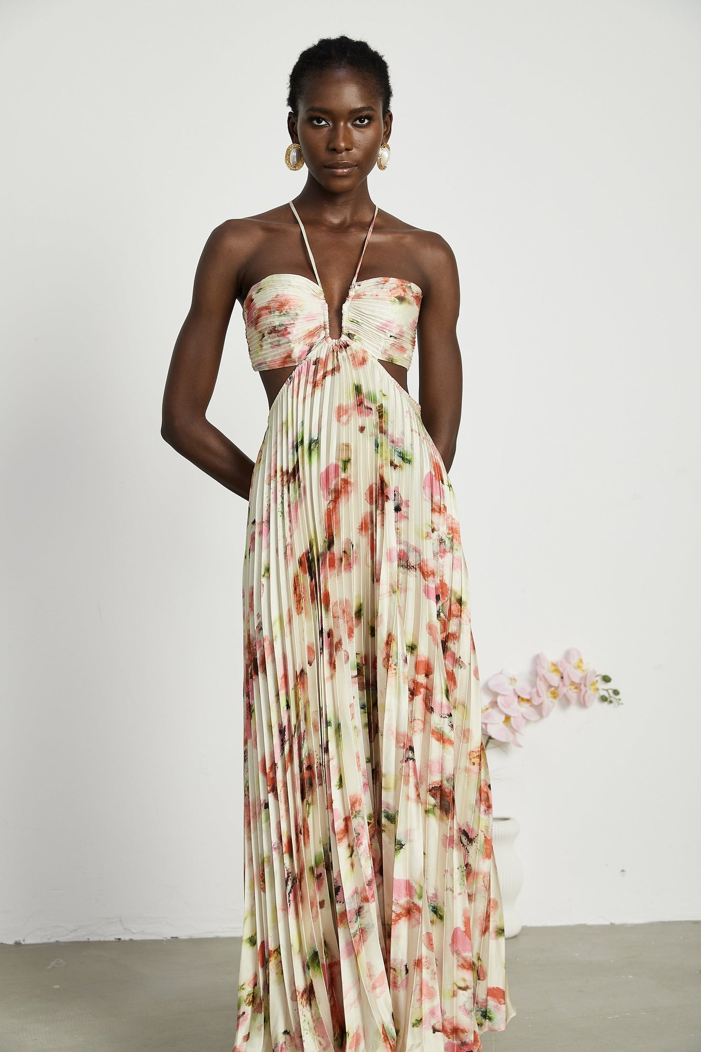 Floral Print Pleated Halter Maxi Dress in Ivory for Women - Marta