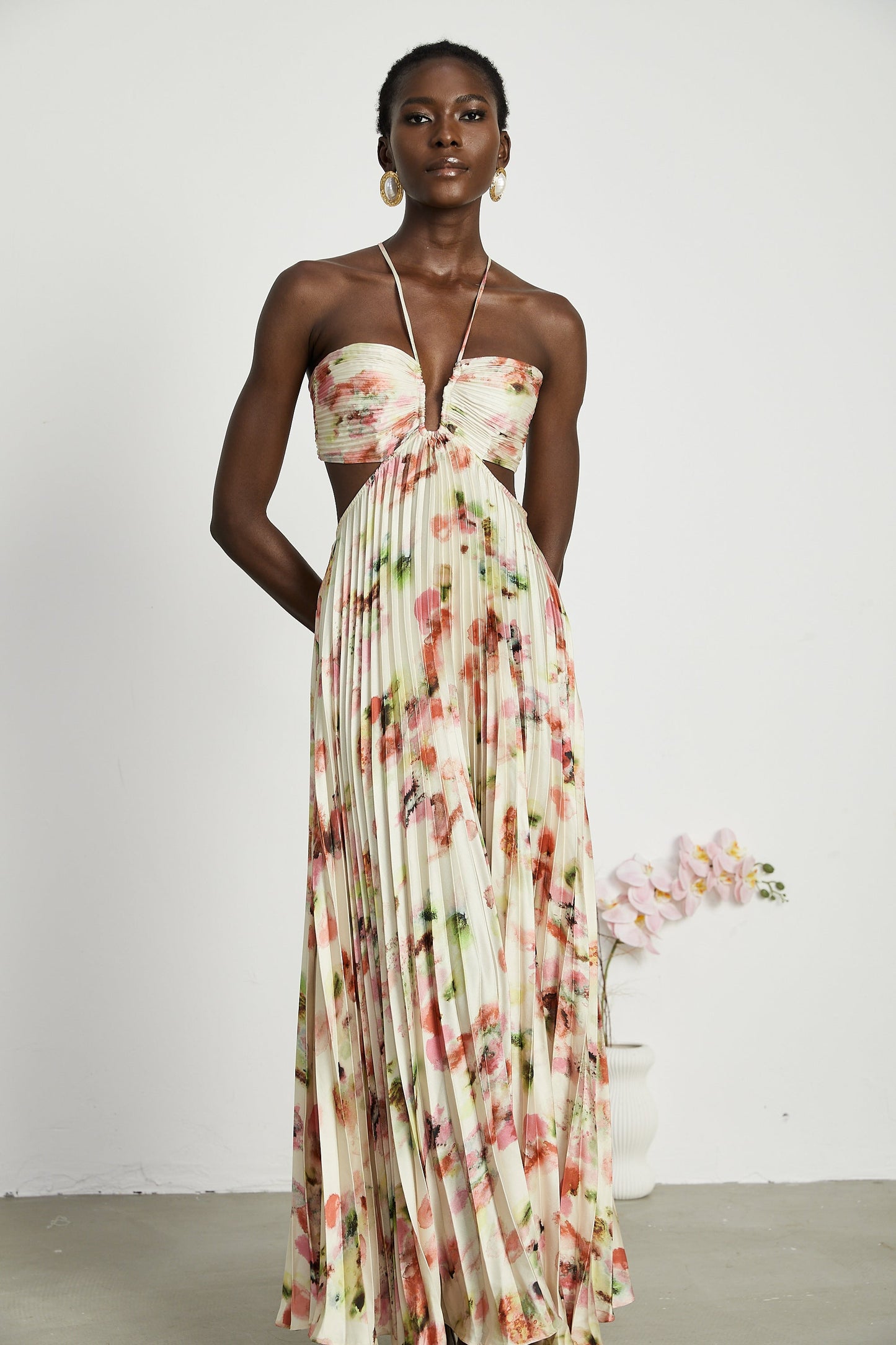 Floral Print Pleated Halter Maxi Dress in Ivory for Women - Marta