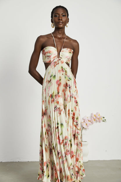 Floral Print Pleated Halter Maxi Dress in Ivory for Women - Marta