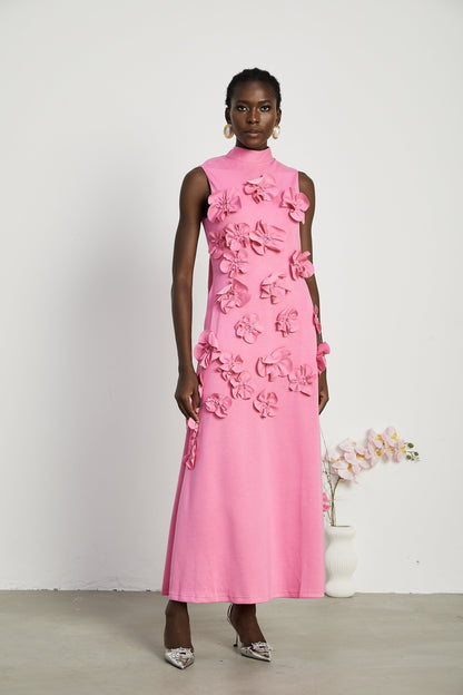 Pink Maxi Dress with 3D Floral Appliqué for Women - Viola