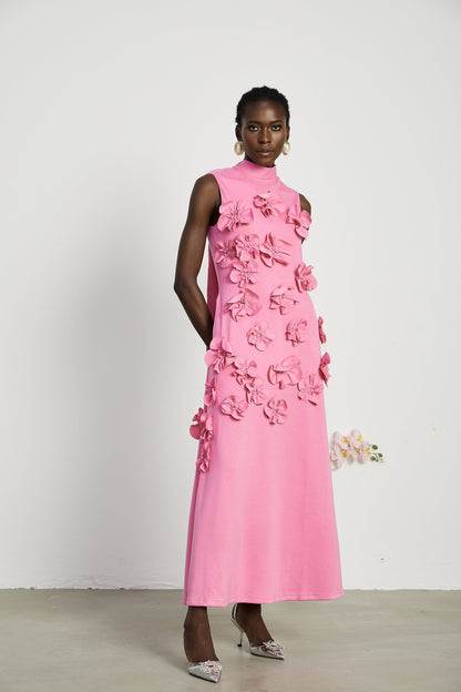 Pink Maxi Dress with 3D Floral Appliqué for Women - Viola