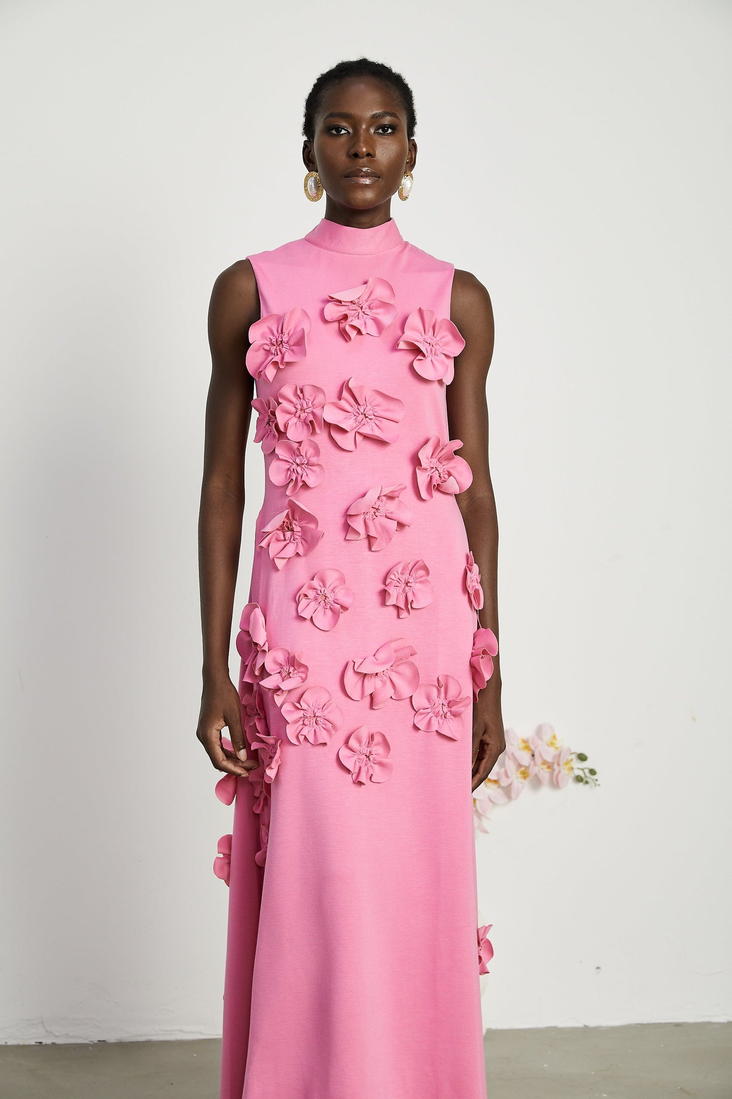 Pink Maxi Dress with 3D Floral Appliqué for Women - Viola