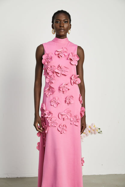Pink Maxi Dress with 3D Floral Appliqué for Women - Viola