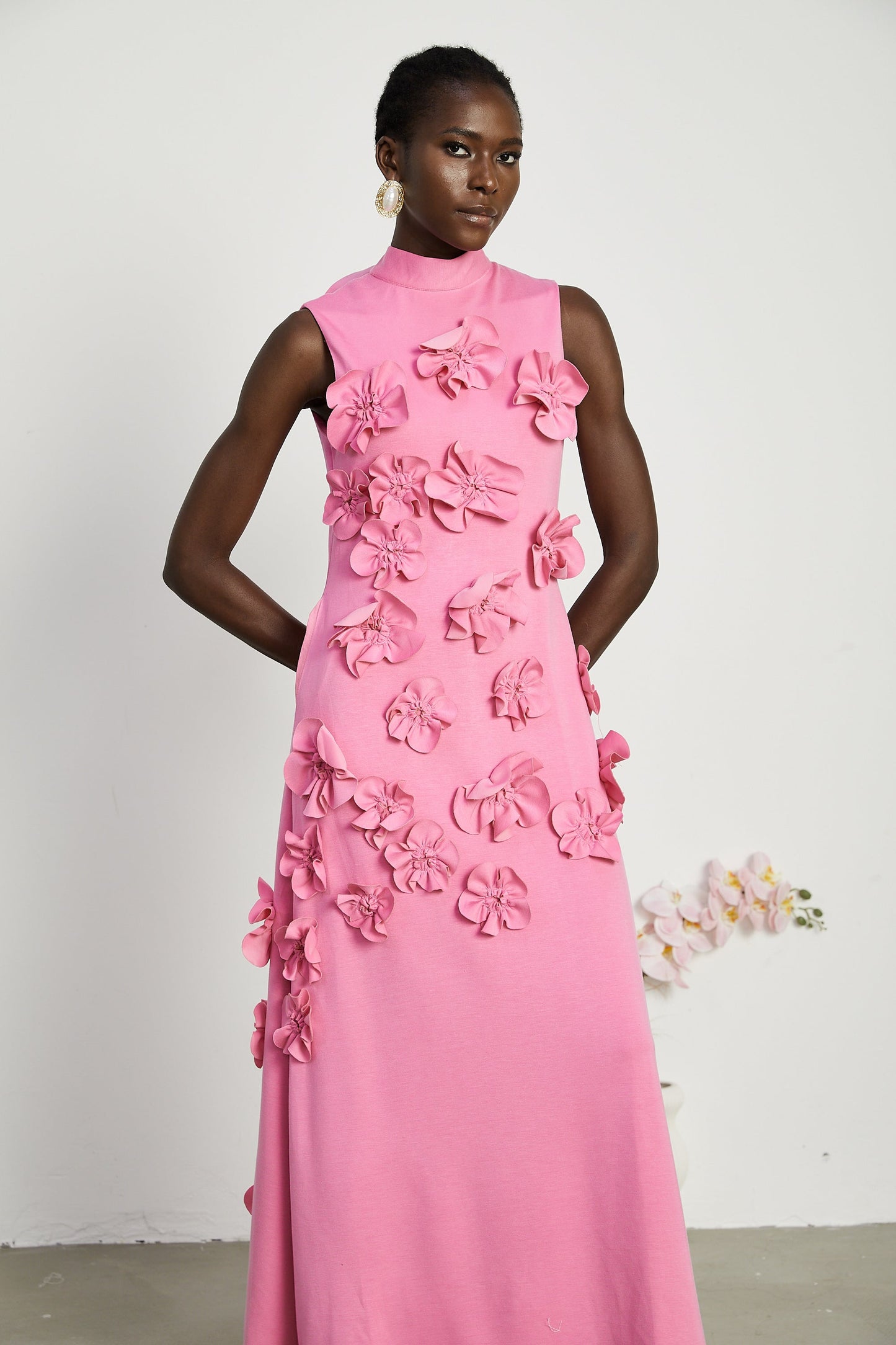 Pink Maxi Dress with 3D Floral Appliqué for Women - Viola