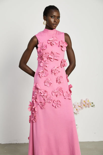 Pink Maxi Dress with 3D Floral Appliqué for Women - Viola