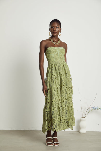 Sage Green Lace Strapless Maxi Dress with Flared Skirt for Women - Rosa