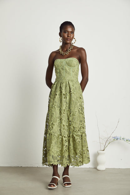 Sage Green Lace Strapless Maxi Dress with Flared Skirt for Women - Rosa