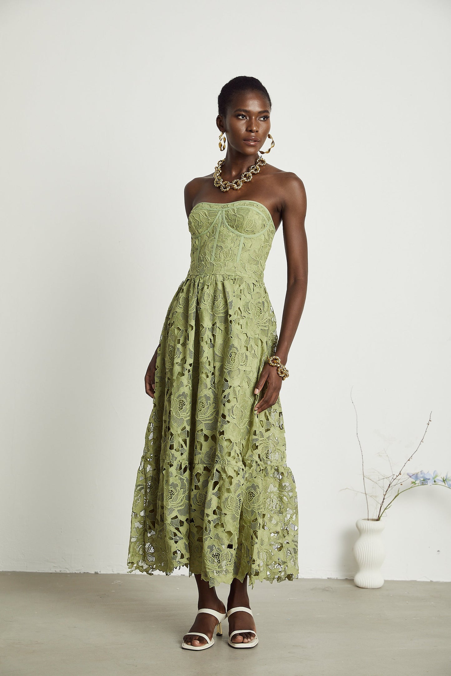 Sage Green Lace Strapless Maxi Dress with Flared Skirt for Women - Rosa
